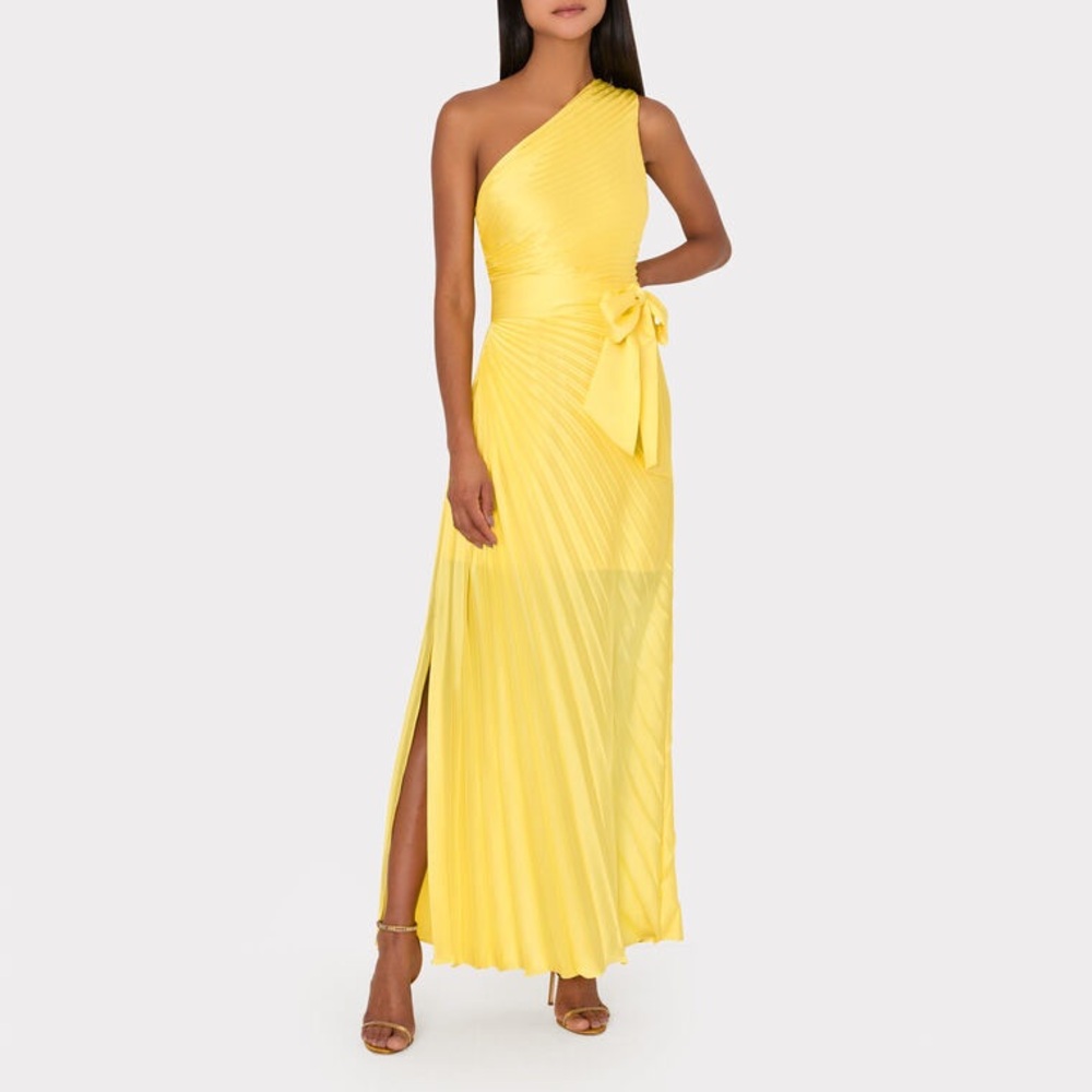 Milly Estelle Satin One-Shoulder Pleated Gown – Yellow – Size 0 – NWT